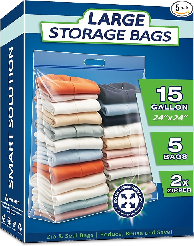15 Gallon Large Resealable Storage Bags with Zipper Top，24" x 24" Heavy Duty Clear Bags with Handles, 4 Mil Thick, Perfect for Clothing, Pillows, Travel, and Moving (5 Packs)