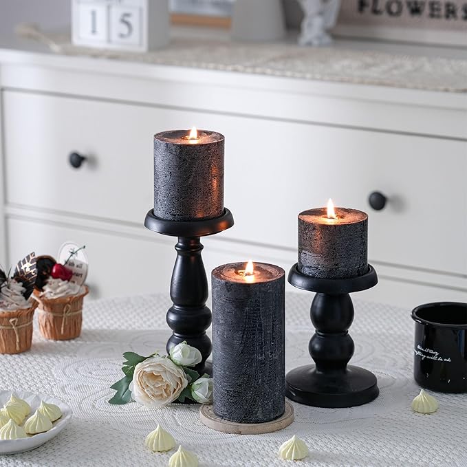 3x4 Inch Black Pillar Candles Set of 3 - Hand-Poured Unscented Candles, Long Clean Burning, Large Big Candle, Smokeless Dripless Candle for Dinner Table, Wedding, Home, Bathroom, Gothic Decor