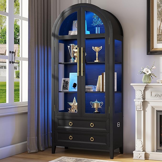 LVSOMT 71" Tall Arched Storage Cabinet with Glass Doors and Drawers, Curio Display Cabinet with Adjustable LED Light & Human Sensor, 4-Tier China Cabinet for Living Room(Black)