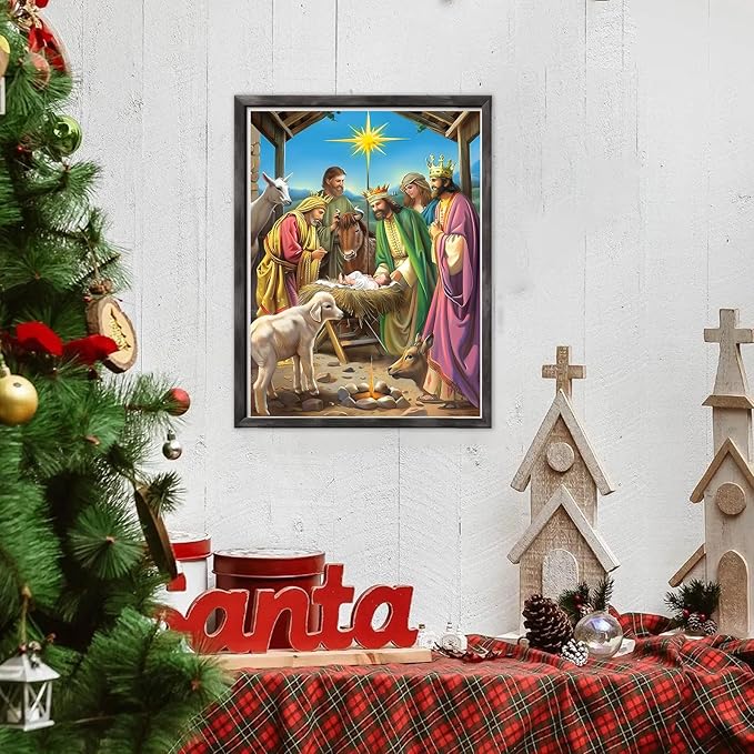 DOMROM Christmas Diamond Painting Kits, 5D Jesus Born Diamond Art Kits,Gem Art Painting with Diamonds Dots, Arts and Crafts for Beginners Adult Wall Decor 12 x 16inch