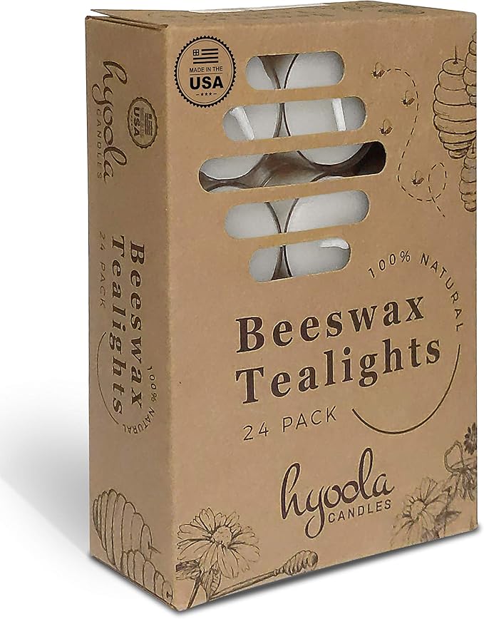 Hyoola Pure White Beeswax Tea Lights - 24 Pack - Handmade Decorative Unscented - Tealight Candles - 4 Hour Burn Time, Clear Cup