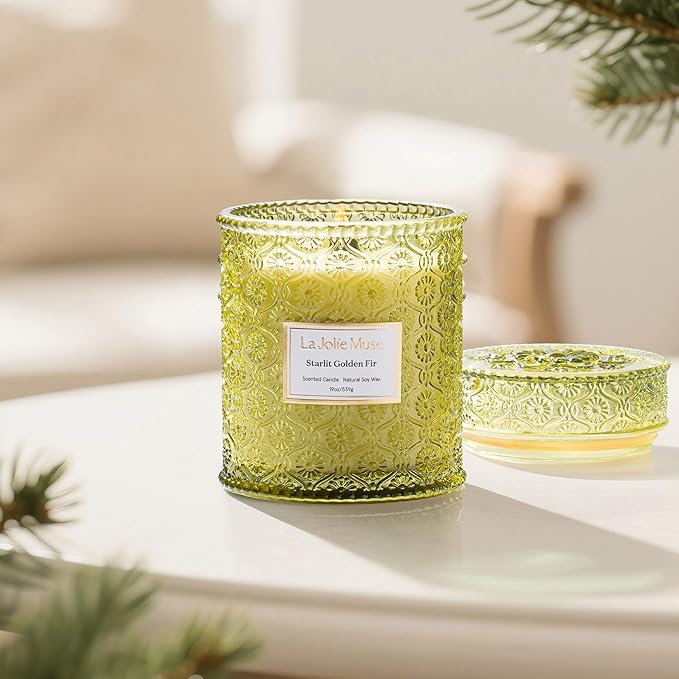 LA JOLIE MUSE Starlit Golden Fir Candle – Pine, Cedarwood, Fir Balsam | 19 oz Large Wooden Wick Candle | Natural Soy Wax | 90 Hours Clean Burn | Gift-Ready for Hosts & Gatherings