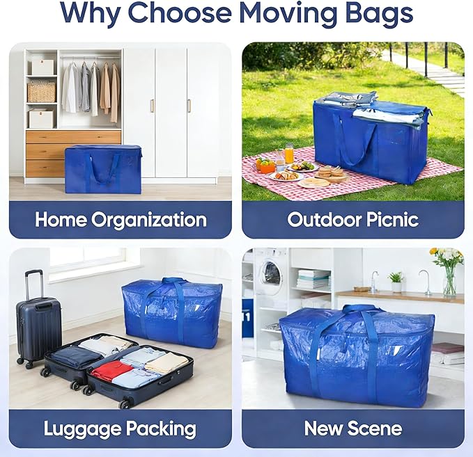 4PK Extra Large Heavy Duty Moving Bags, Blue Storage Moving Bags, Reinforced Handles & Heavy-Duty Zippers Moving Boxes, Storage Bags Totes for Clothes, College Supplies, Traveling.