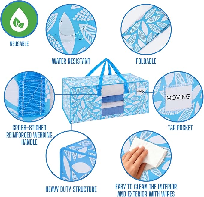 VENO 6 Pack Heavy Duty Moving Bags, Storage Bins with Lids, Transparent Window Design, Alternative to Moving Boxes, Storage Bags for Clothes, Blankets, Comforters (Spring Breeze, 6 Pack)