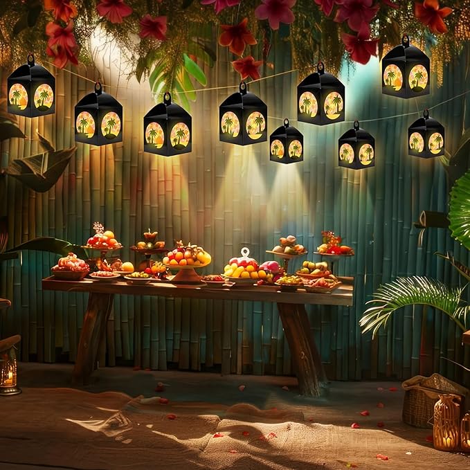Simgoing 12 Sets Tropical Palm Tree Crafts with LED Candle Light DIY Hawaiian Summer Tissue Paper Craft Kits Hawaiian Luau Palm Tree Hanging Beach Jungle Embellishment for Home Decors Party