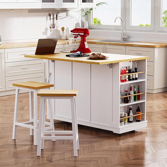 Amposei Kitchen Storage Island on Wheels with 2 Bar Stools, Rolling Drop Leaf Kitchen Island Cart with Power Outlet, Open Side Racks, Door Shelves and Towel Bar, 53-Inch, White