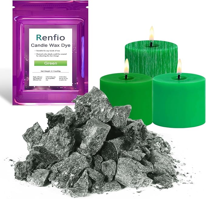 Renfio Candle Dye, 2.11oz/60g Green Candle Dye for Soy Wax Highly Concentrated Wax Dye for Candle Making Bulk Blocks Colored Tealight Candles Coloring Dyes Chips Candle Making Kit - Green