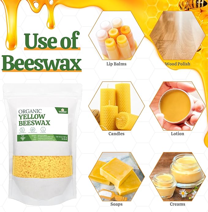 YASNAY Yellow Beeswax Pellets 2LB, Organic Beeswax, Beeswax for Candle Making, Body, Skin Care DIY, Lip Balm and Soap Making Supplies