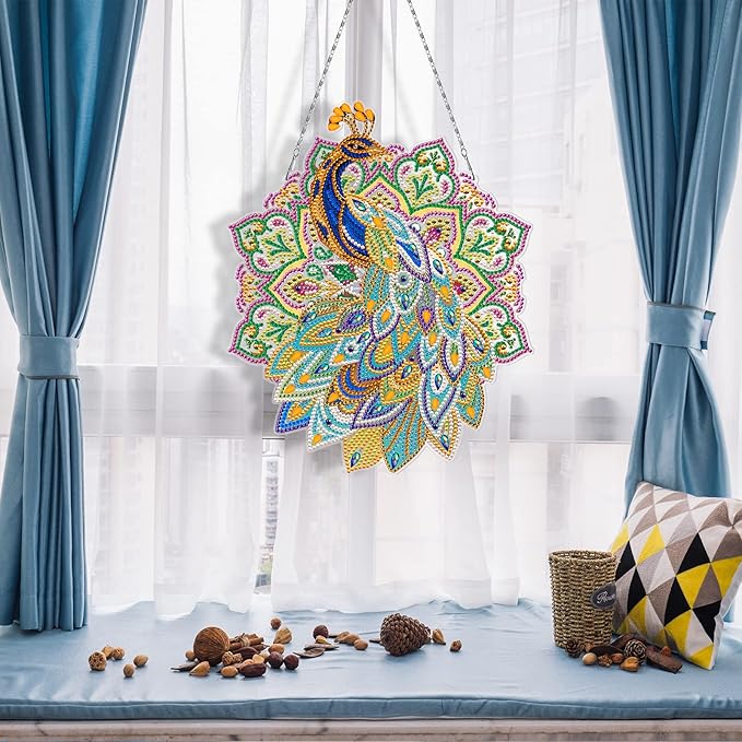 Diamond Art Painting Peacock Hanging Signs with LED Light String DIY 5D Peacock Diamond Art Wreath Hanging Pendant Special Shaped Beads Paint by Number Mosaic Kits for Garden Home Wall Spring Decor