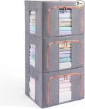 GuliPostan 3 Pack 100L Stackable Clothes Storage Bins with Metal Frame Handles & Zipper, Collapsible Closet Organizer Box with Lid for Bedding Blankets Towel (Grey)