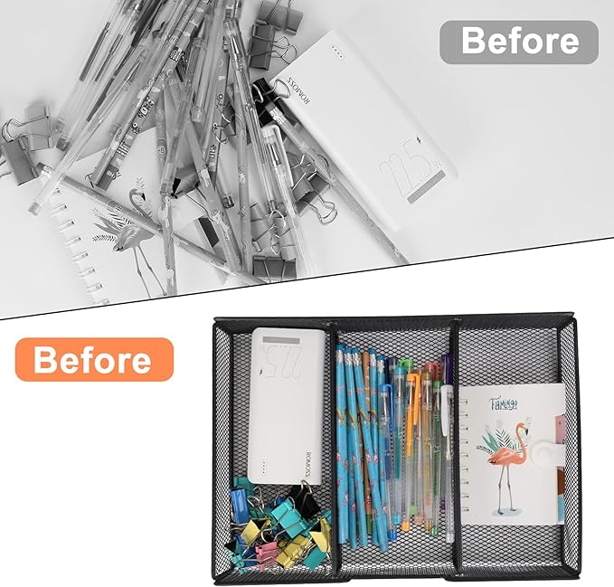 Desk Drawer Organizer Tray, Office Junk Drawer Organizer with 3 Compartments, Metal Mesh Dividers Pen Pencil Storage Box for Office Supplies Desk Accessories Workspace School Cosmetic Organization