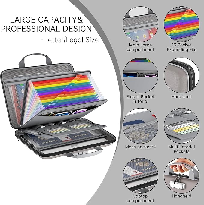 Fireproof File Organizer,Fireproof Document Box with Lock,Large 13 Pocket Expanding File Folder,Hard-Shell Portable Safe Storage for Letter/Legal Document,Laptop,Valuables-Light Gray