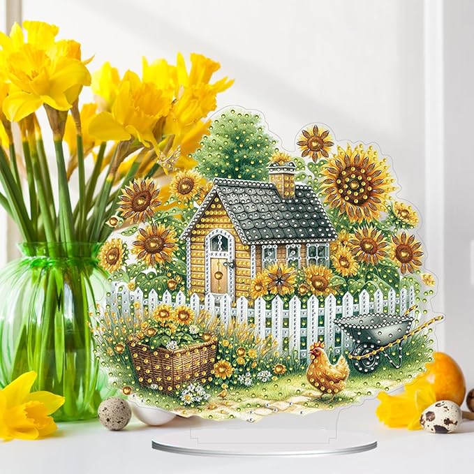 ARTopet DIY Diamond Desktop Ornament PET Irregular Shape Special Shaped Crystal Double Sided Pattern Single Sided Diamond Art Painting Tabletop Home Ornaments Decor (Sunflower House)