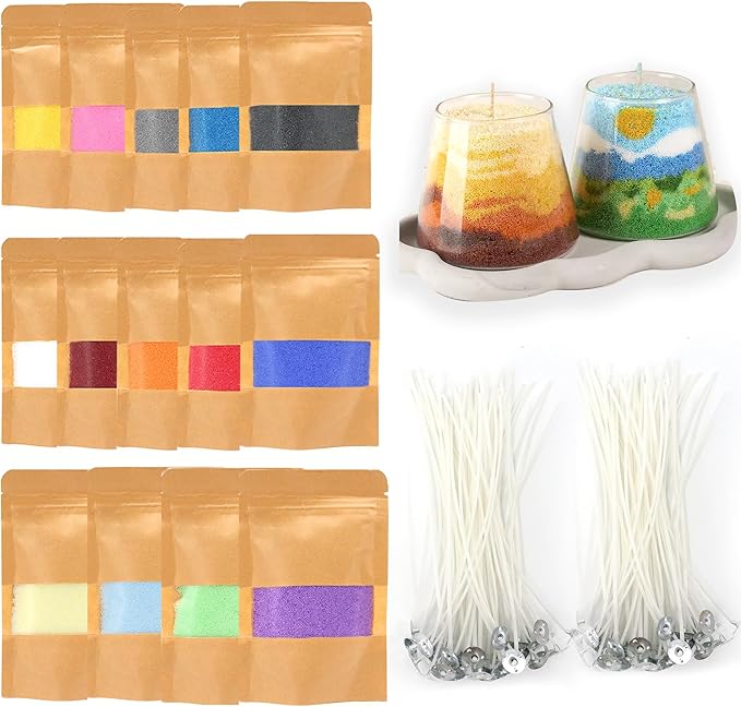 Monivi Unscented Sand Candles with Wicks 14Colors Pearled Candles Sand and Wicks 100pcs for Home Décor or Gifts, 24.7oz Refillable Pearled Candle Wax for DIY Candles Making Kit(1.76oz Each Color)