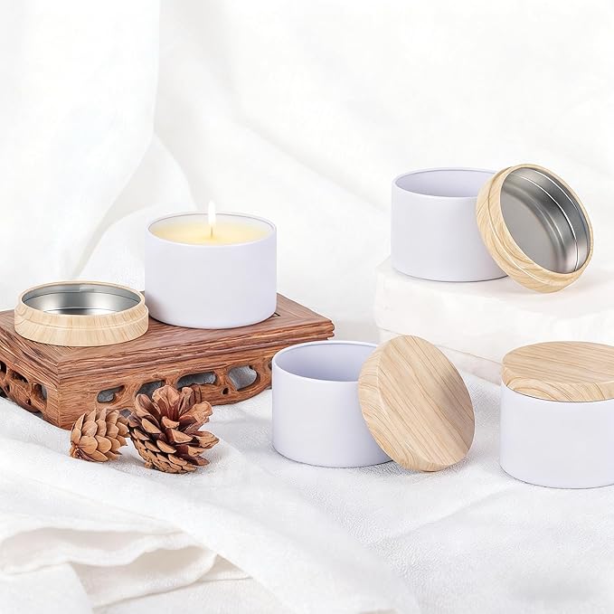 BOTINXIS 48 Pcs 4oz Matte White Candle Tins - Bulk Empty Candle Jars with Wood Grain Lids, Candle Making Kit for Adults