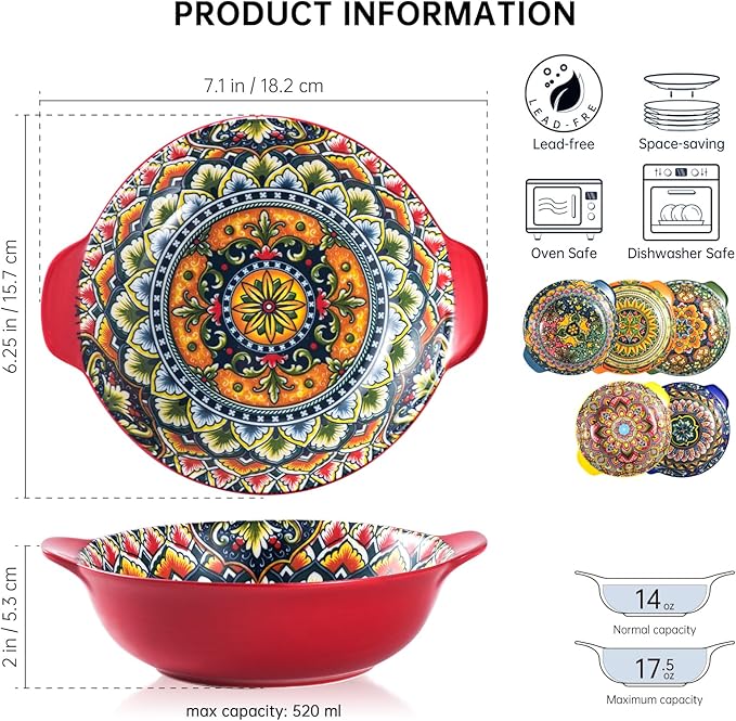 Henten Home Ceramic Soup Bowls Set, 14 oz Cereal Bowl Set of 6, Porcelain Small Dessert Bowls with Handle, for Serving, Snack, Salad, Bohemian, Microwave & Dishwasher Safe