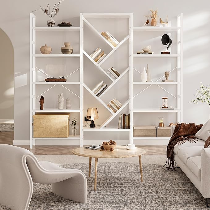 70" Triple 5 Tier Book Shelf, Large Wooden Bookcase with 17 Open Display Shelf, Modern Tree Bookshelf Metal Frame Tall Bookshelf Furniture for Living Room Bedroom Home Office White