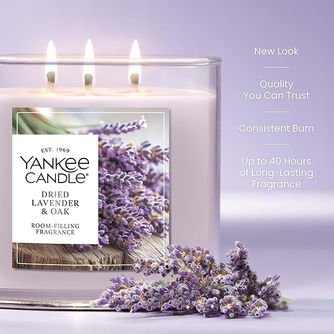 Yankee Candle Dried Lavender & Oak, Scented Candle, 14.5oz 3-Wick Candle Jar with up to 40 Hours Burn Time, Giftable
