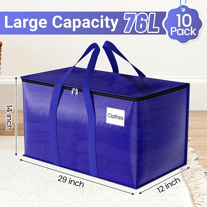 FabSpace 10Pack Moving Storage Bags, Moving Supplies Packing Boxes for Moving, Camping, College Dorm Room Essentials for Girls, Blue Tote Bags, 76L Heavy-Duty Storage Bins With Lids And Zippers