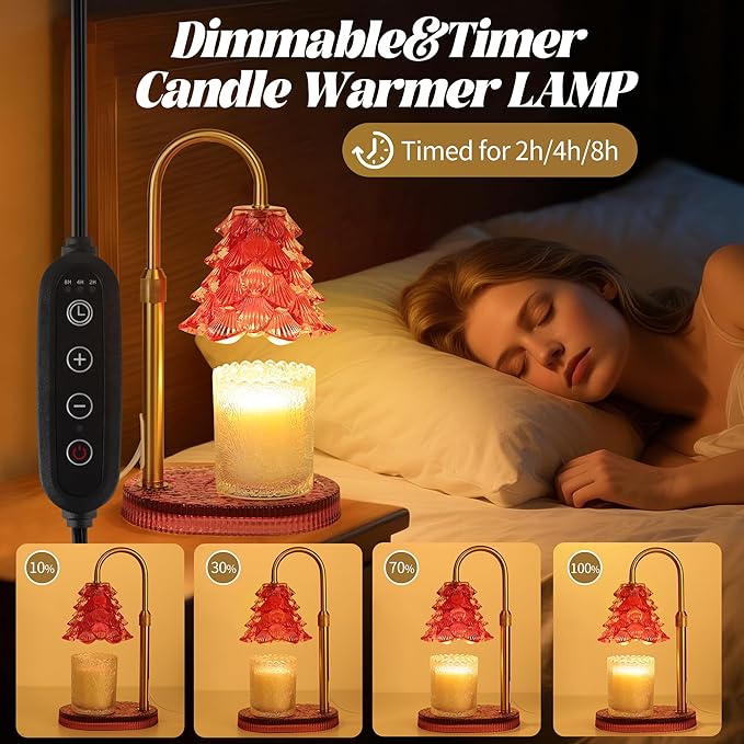 Christmas Tree Shaped Candle Warmer Lamp with Timer & Dimmer – Adjustable Wax Melt Lamp for Jar Candles, Home Decor Accent for Women – 2 Bulbs, Flame-Free & No-Smoke Use (Burgundy)