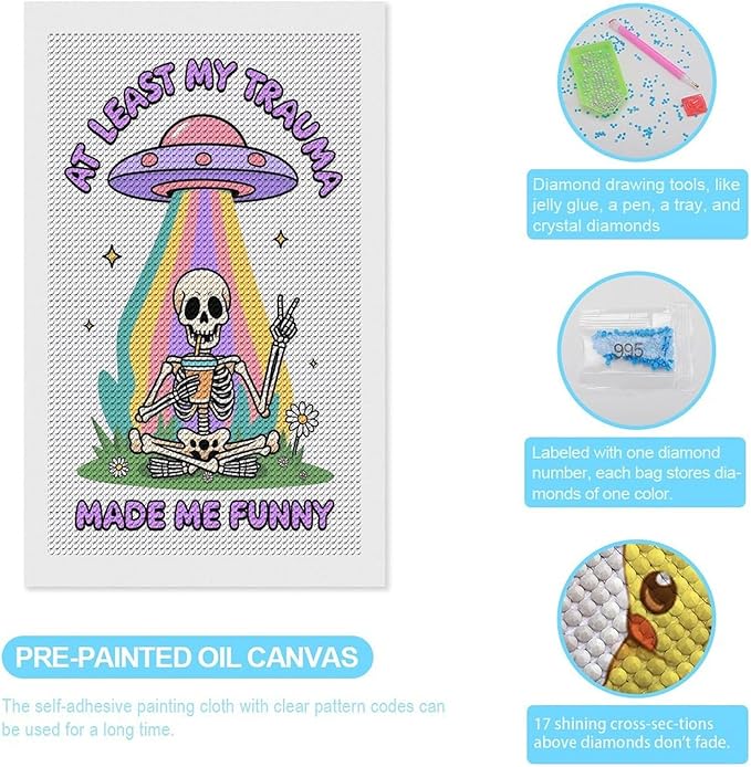 KIVJMSIDJA Skull Skeleton “At Least My Trauma Made Me Funny” Diamond Art Kits for Adults for Beginners, 5D Full Diamond Art Paint 12"x20"
