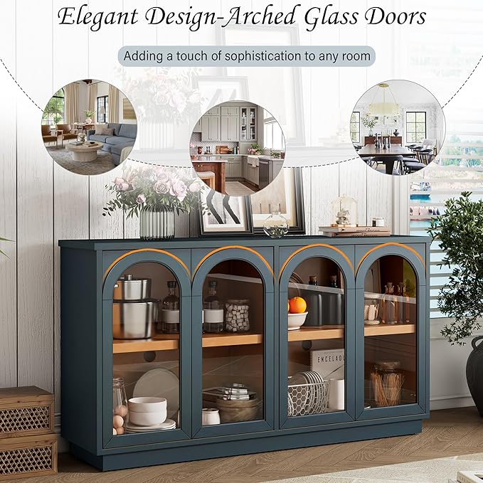 Amposei 57.7-Inch Vintage Sideboard Cabinet 4 Glass Door Storage Cabinet Buffet Console Table with Adjustable Shelves for Kitchen Entryway Dining Living Room, Navy