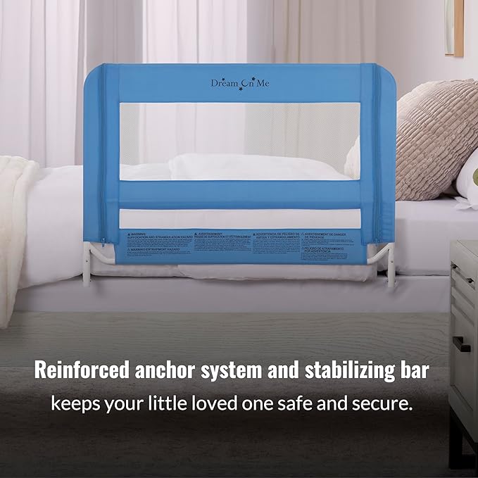 Dream On Me Mesh Security Bed Rail – Toddler Safety Guard with breathable mesh, reinforced anchor system, lightweight, portable, fits adult twin-size beds, Blue
