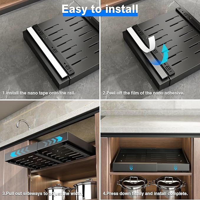 2 Pack Pull Out Cabinet Organizer, Expandable Slide Out Drawers for Kitchen Cabinets Peel and Stick Pullout Drawer Heavy Duty Sliding Shelves for Cupboard, Pantry, Bathroom(16.5" Deep, Black)