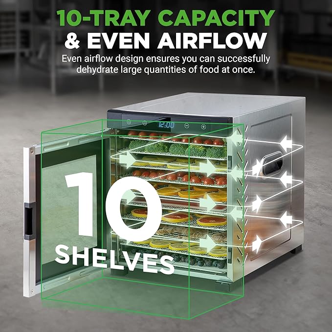 NutriChef Electric Countertop Food Dehydrator-900-Watt Premium Multi-Tier: Save Time v. 600W. Make Jerky, Dried Fruit/Veggies, Dog Treats, Yogurt, 10 Stainless Steel Trays, Digital Timer, Temp Control