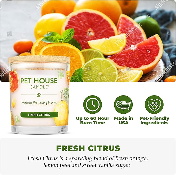 One Fur All Pet House Candle 2 Pack - Plant-Based/Soy - Clean Burning Scented, Long Lasting Pet Odor Candle for Home - Fresh Citrus