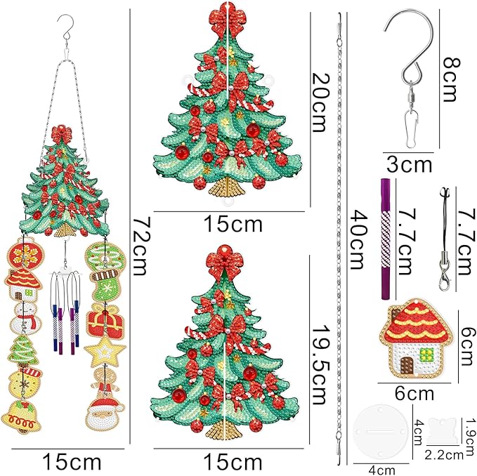 Diamond Dots Christmas Tree Wind Chimes Hanging Ornaments DIY Kits 5D Christmas Tree Diamond Art Painting Wind Chime Hanging Pendant Double Sided Special Shaped Gem by Number Yard Office Window Decor