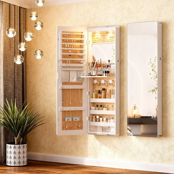 Lvifur 47.2" LED Jewelry Mirror Cabinet,Lockable Wall/Door Mounted Full Length Mirror with Storage, Over the Door Hanging Jewelry Organizer-2 Drawers,Foldable Shelf, Built-in Lighted Mirror (White)