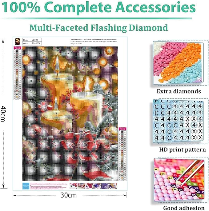 cviokrdu Christmas Diamond Art Kits for Adults, Candle Diamond Painting Kits for Adults, Christmas Round 5D Gem Painting Kit Arts for DIY Crafts Gift Home Wall Decor 12x16inch