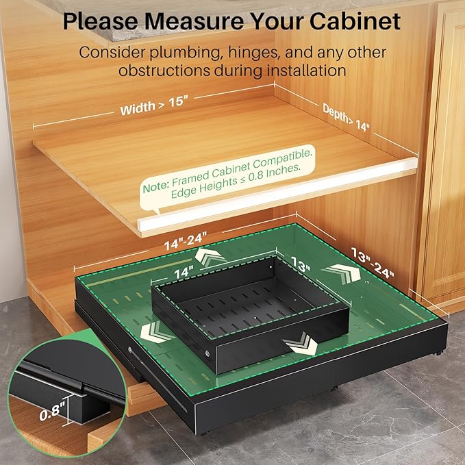 Pull out Cabinet Organizer, Expandable Width(14"-24"), Depth(13"-24") with 3 Rails, Slide Out Drawers With Raising Pad for Framed Cabinets, Fixed with Adhesive Film for Cabinets in Kitchen, Black