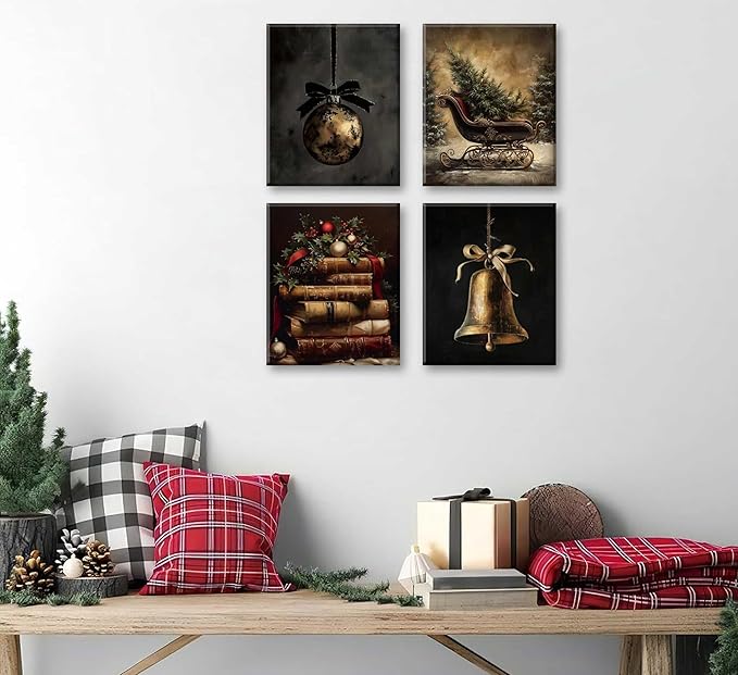 Paint by Number Kit for Adults & Kids, 4 Pack Vintage Christmas Scenes (Ornament, Book Stack, Sleigh, Bell) 12x16 Inch Framed, DIY Acrylic Painting Kit with Brushes & Paints, Festive Home Art Decor