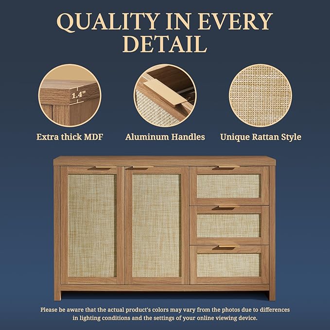 OAKHAM HOME Kitchen Storage Cabinets, Buffet Cabinet with Storage Rattan Sideboard Cabinet Organizer 3 Drawers and 2 Doors Accent Console Table for Kitchen Hallway Living Room bar (Weathered Oak)