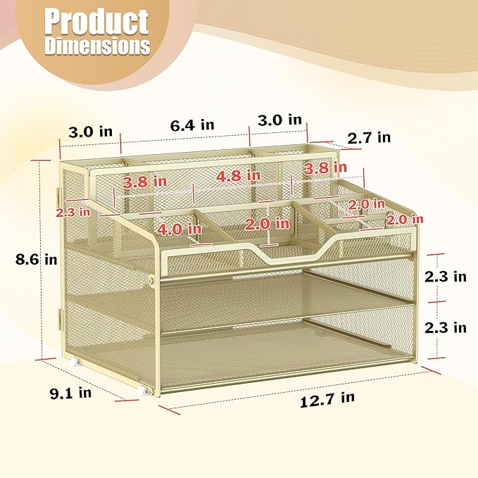 Docnest 3 Tier Mesh Desk Organizer for Paper Office Supplies – Multi-Functional Letter Tray with 5 Adjustable Compartments, 3 Pen Holders, Desktop Storage for Files, Mail, Stationery – Gold