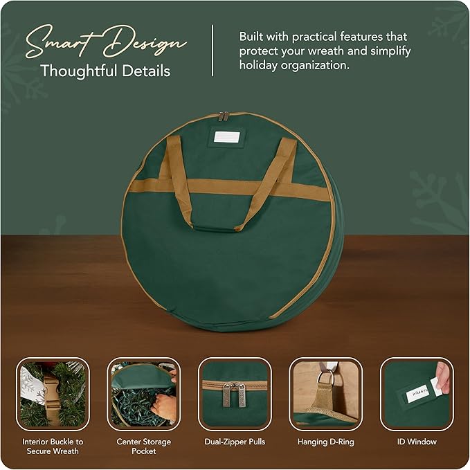 Covermates Keepsakes Wreath Storage Bag – Heavy-Duty Polyester with Buckle Straps & Interior Pouch – Protective Holiday Wreath Organizer with Handles, D-Ring & Label Window, Green