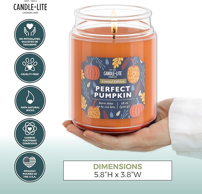 Candle-lite Halloween Scented Candles, Perfect Pumpkin, 18 oz Jar, Proudly Poured in The USA, Aromatherapy Candle, Single-Wick with 110 Hours of Burn Time, Perfect for Creating an Inviting Ambiance