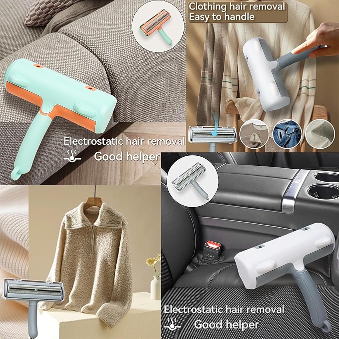 Pet Hair Remover & Lint Roller - Removes Cat/Dog Hair from Car Interiors, Furniture, Couches, Carpets, and Bedding - Reusable & Washable Animal Fur Removal Tool for Pet Owners (Green&Orange)