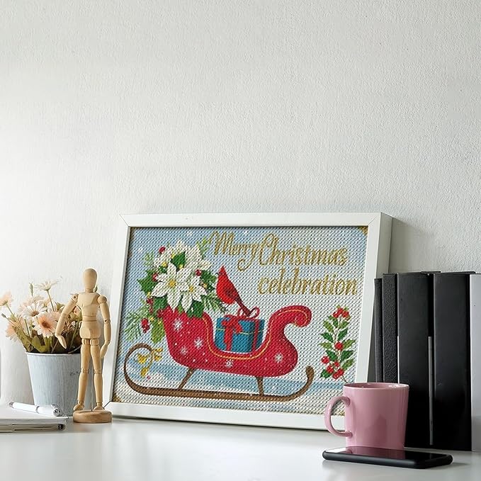 Diamond Painting Kits for Adults - Red Sleigh with Poinsettias, Cardinal Bird Merry Christmas Painting DIY 5D Full Drill Diamond Dots Paintings with Diamonds Gem Art And Crafts Home Decor 8"x12"