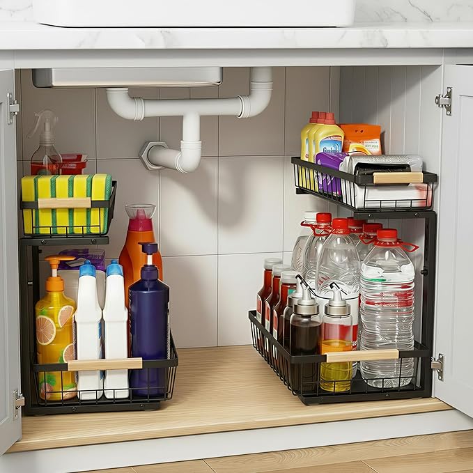 Under Sink Organizer, 2 Tier Pull Out Cabinet Organizers and Storage for Kitchen Bathroom Pantry Laundry, Adjustable Height, Slide Out Thickened Metal Storage Shelf (Black, 1 Pack)