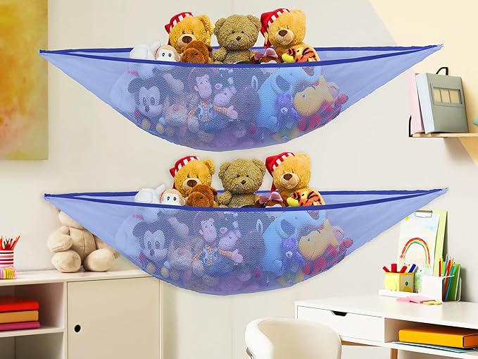 Simple Houseware 2 Pack Stuffed Animal Toy Hammock Net, Corner Wall Storage for Kids Room, Dark Blue