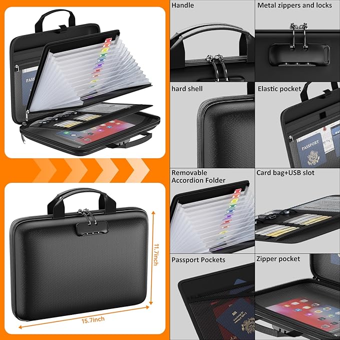 Fireproof File Organizer with Lock, Hard Case Fireproof Document Box with 13 Pockets Accordion File Folder, Important Document Organizer for Letter A4 Files Laptop Passports (Black)