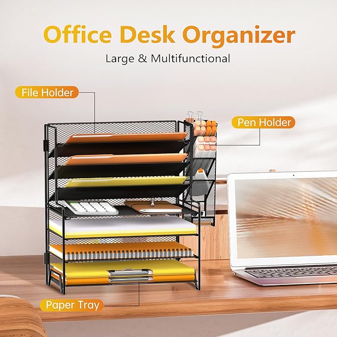 SUPEASY 7 Tier Desk Organizer, Desk File Organizer with Pen Holder, Paper Organizer for Desk, Desk Organizers and Accessories for Home Office School, Black