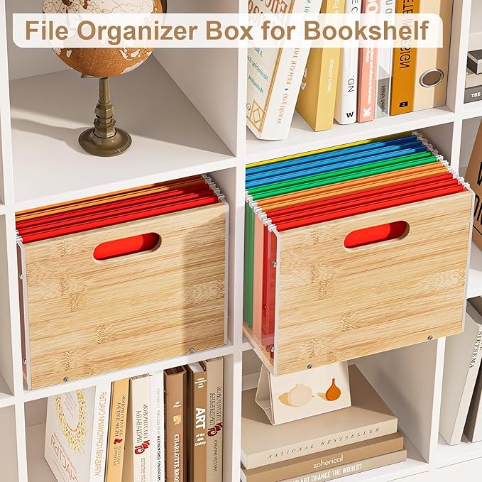 Sbanmao 2 Pack Hanging File Organizer, Clear Acrylic File Box Organizer, Bamboo Filing Box File Crate Storage Boxes, Portable Filing Organizer with Handle for Letter Size