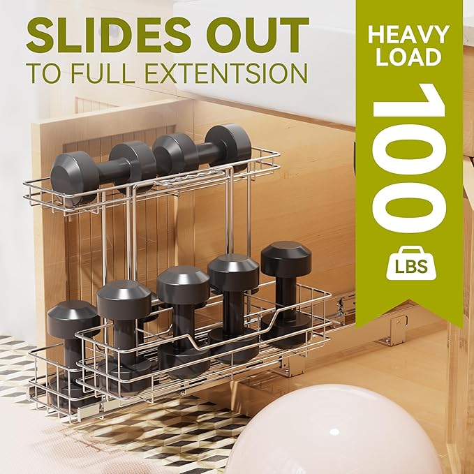 2 Tier Under Sink Organizer 11" W X18 D, Pull Out Cabinet Organizer One Removable Basket, Under Sink Slide Out Chrome Plated, Under Kitchen Bathroom Sink Organizer, 2 Pack