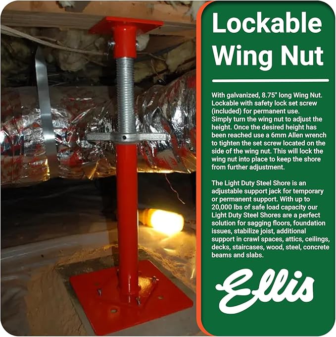 Ellis Manufacturing Light-Duty Steel Construction Jack - Adjustable Screw Jack Post for Floor Leveling, Beams, and Concrete - 16,000 lb Load Capacity - 23"-35" Adjustment, House Jacks for Leveling