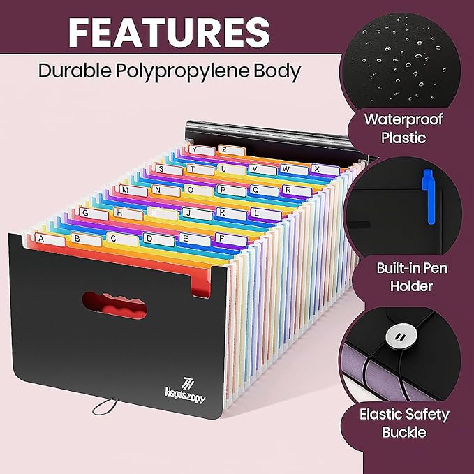 26 Pockets Plastic Accordion File Organizer, Expanding File Folder Organizer, A4 Letter Size Filing Organizer with Colorful Tabs, Elastic Cord, 60 Paper Clip, Label & Stickers for Office School Home