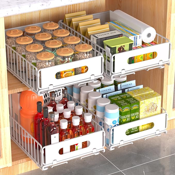 Pull Out Cabinet Organizer, 4 Pack Heavy Duty Slide Out Drawers Pantry Shelves Fixed With Strong Adhesive Glue and Handle for Kitchen, Living Room, Bathroom, Home (14.8" D X 9.6" W X 3.9" H)